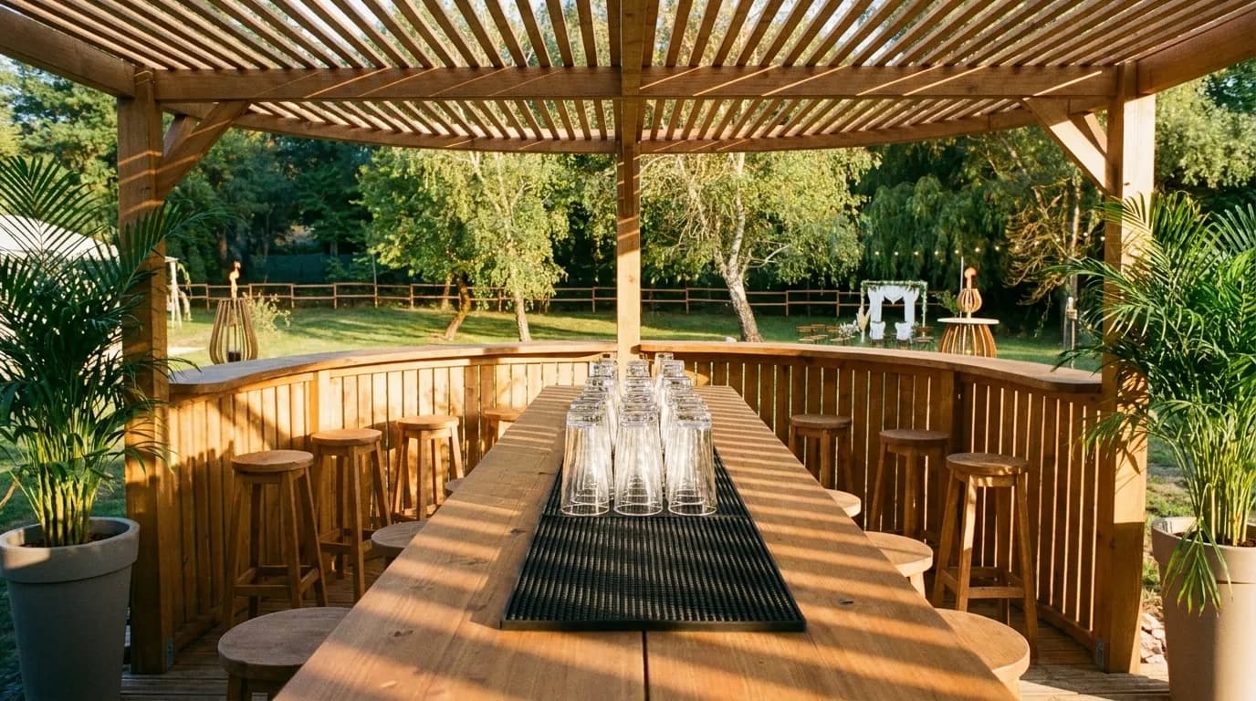 An open-air bar under a wooden pergola at golden hour with empty stools and a row of glasses on the counter