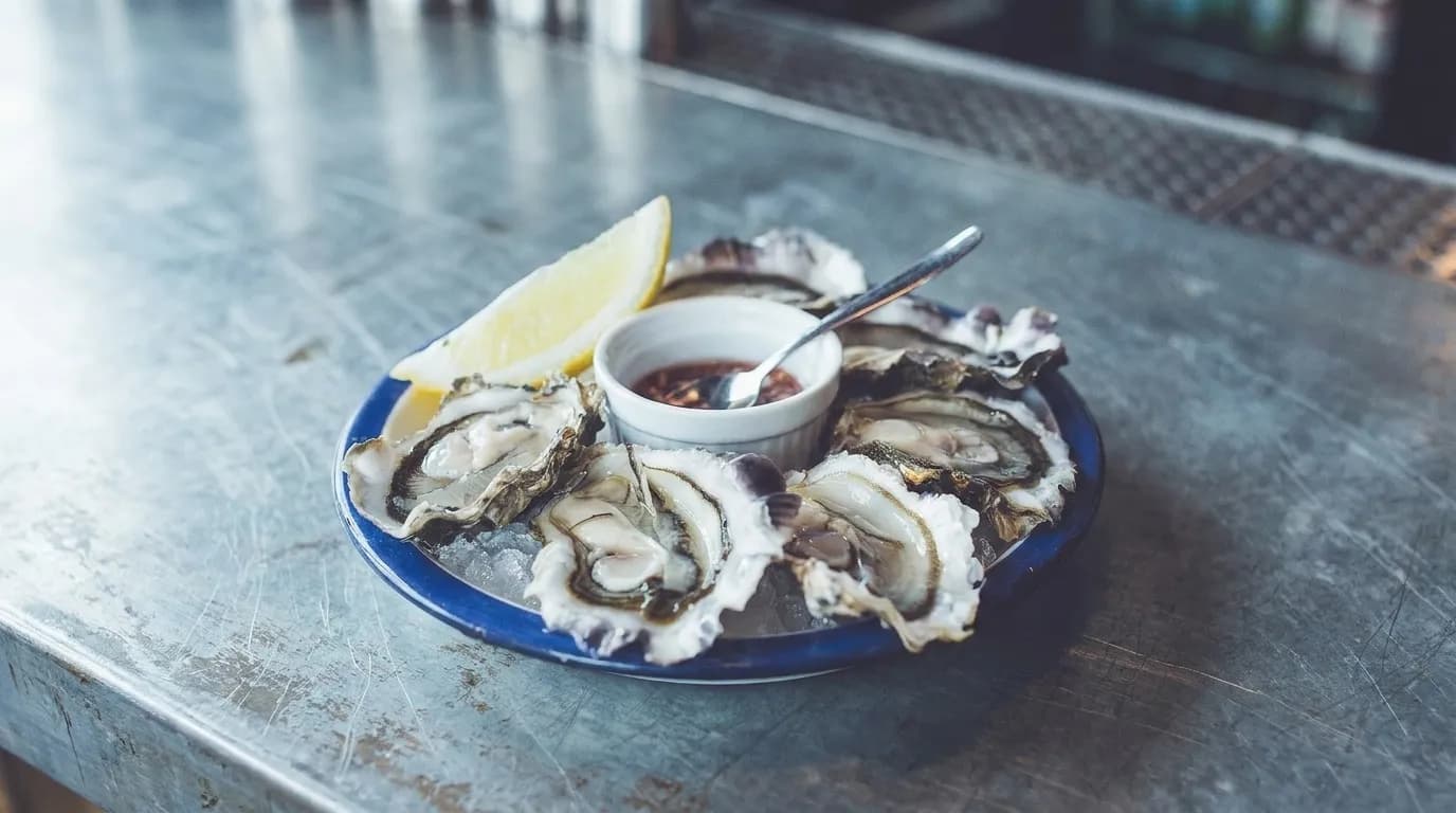 A plate of oysters on ice with a lime wedge and a small bowl of hot sauce on a zinc bar top