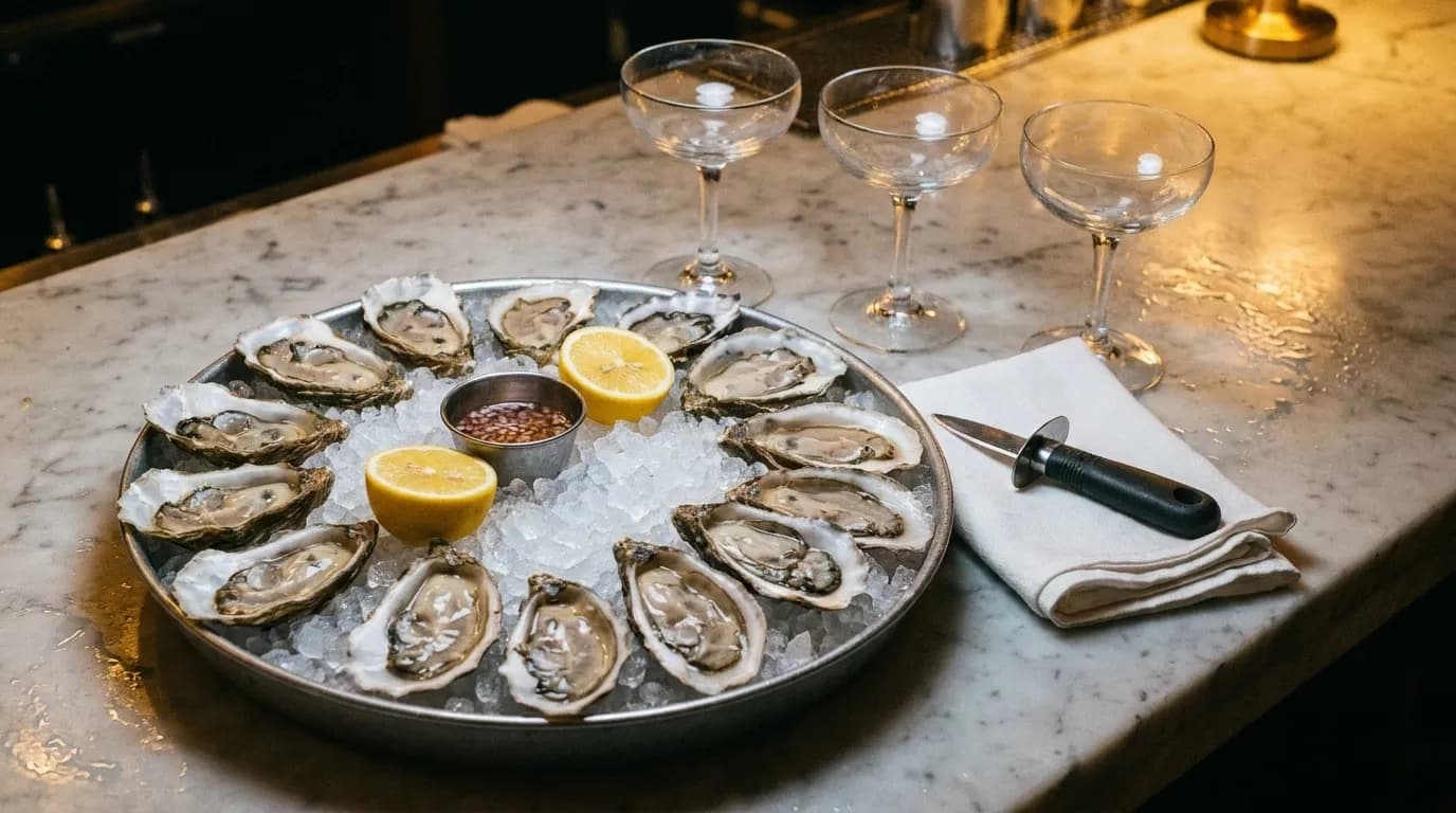 A marble raw bar counter with a tray of oysters on crushed ice, a shucking knife resting on a folded cloth and empty coupe glasses lined up behind