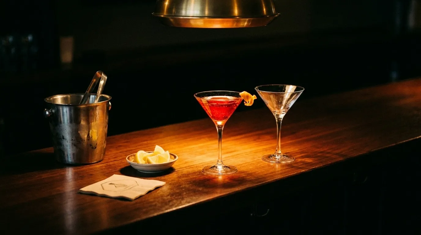 Two shallow cocktail glasses on a dark wood bar beside a small dish of lemon wedges and a steel bucket of ice, warm light from a low pendant above