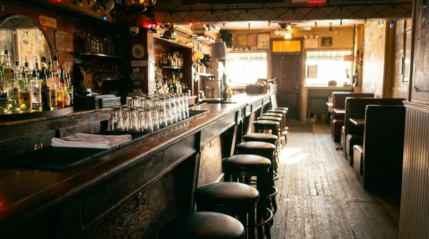 A long wooden bar in late-afternoon light with empty stools, a row of glassware and a folded bar towel on the counter