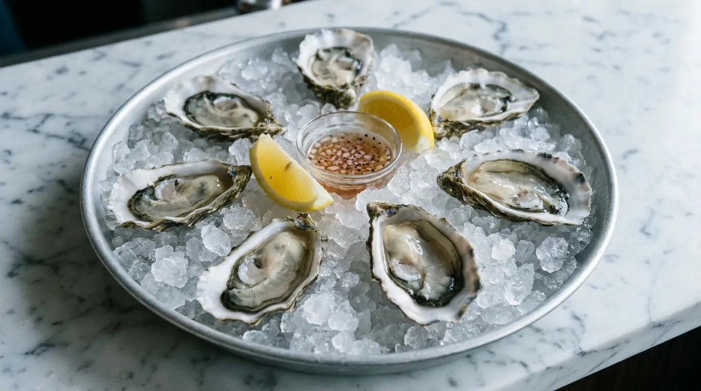 A tray of oysters on crushed ice with lemon wedges and a small dish of mignonette on a marble bar top