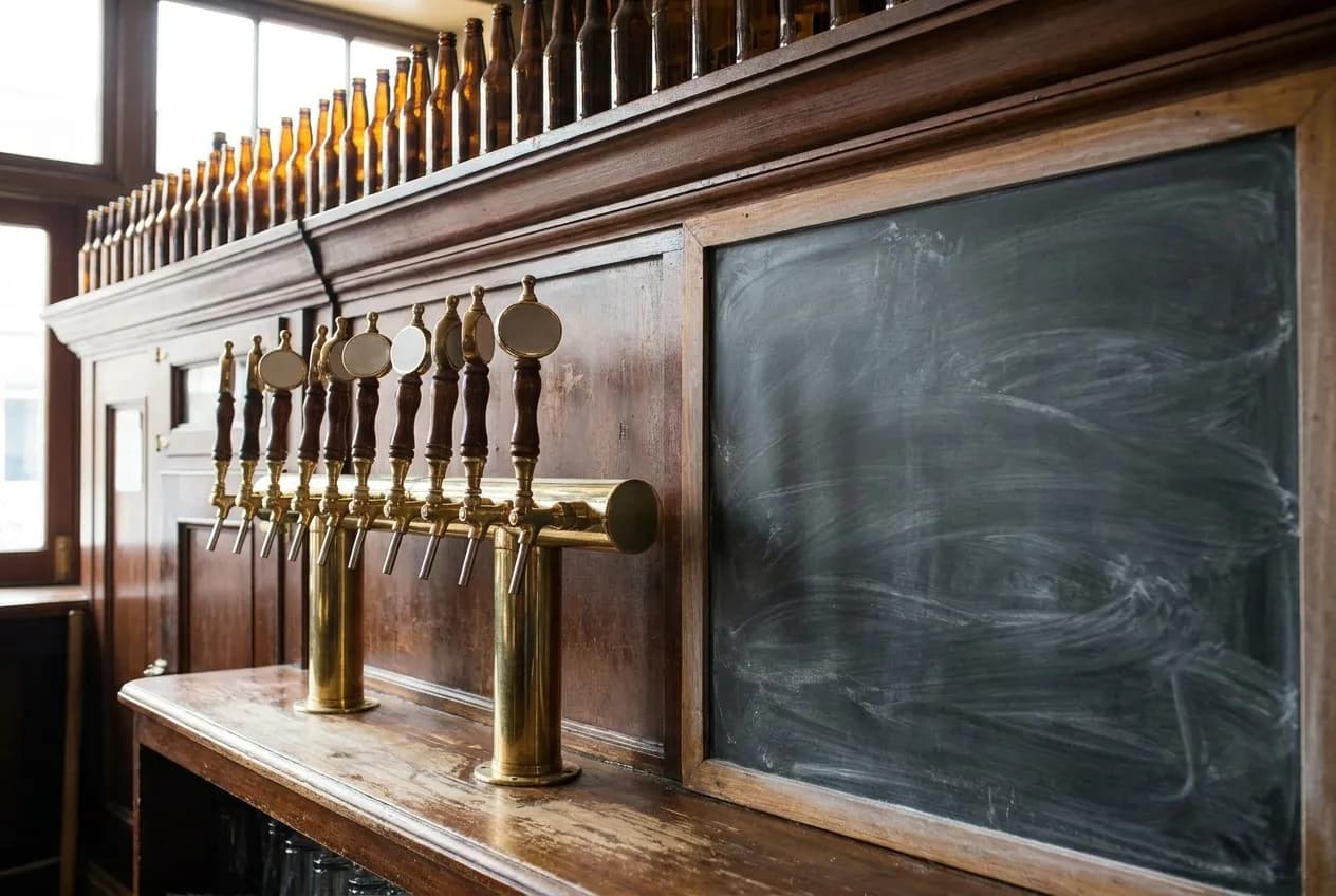 A row of beer taps and a chalk price board wiped blank on a bar back