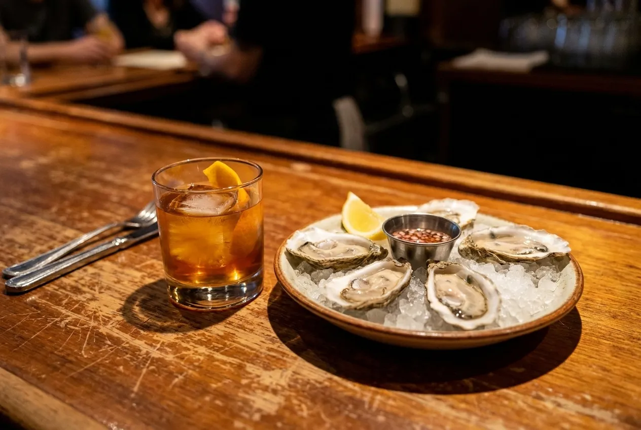 A short cocktail and a small plate of oysters on a scratched wooden bar top