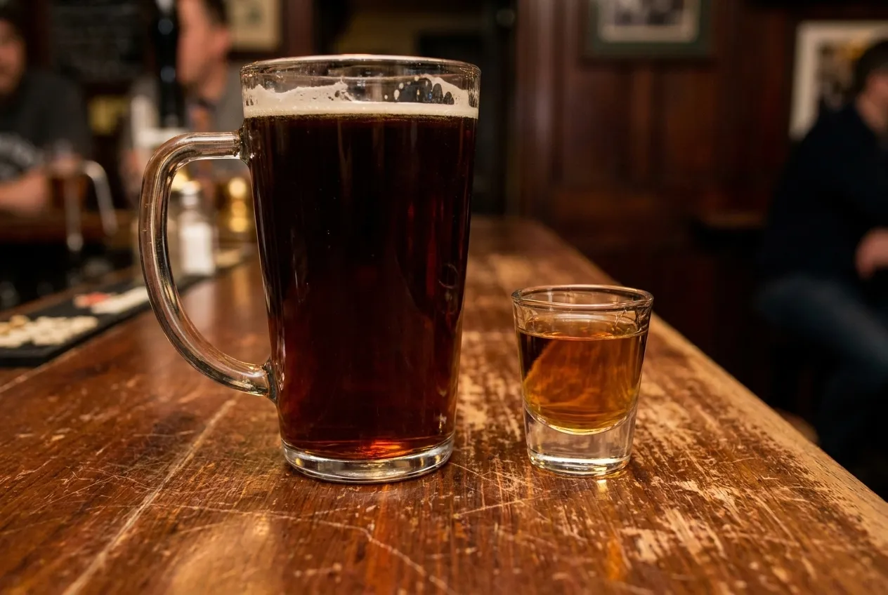 A pint glass and a shot glass side by side on a scuffed bar top