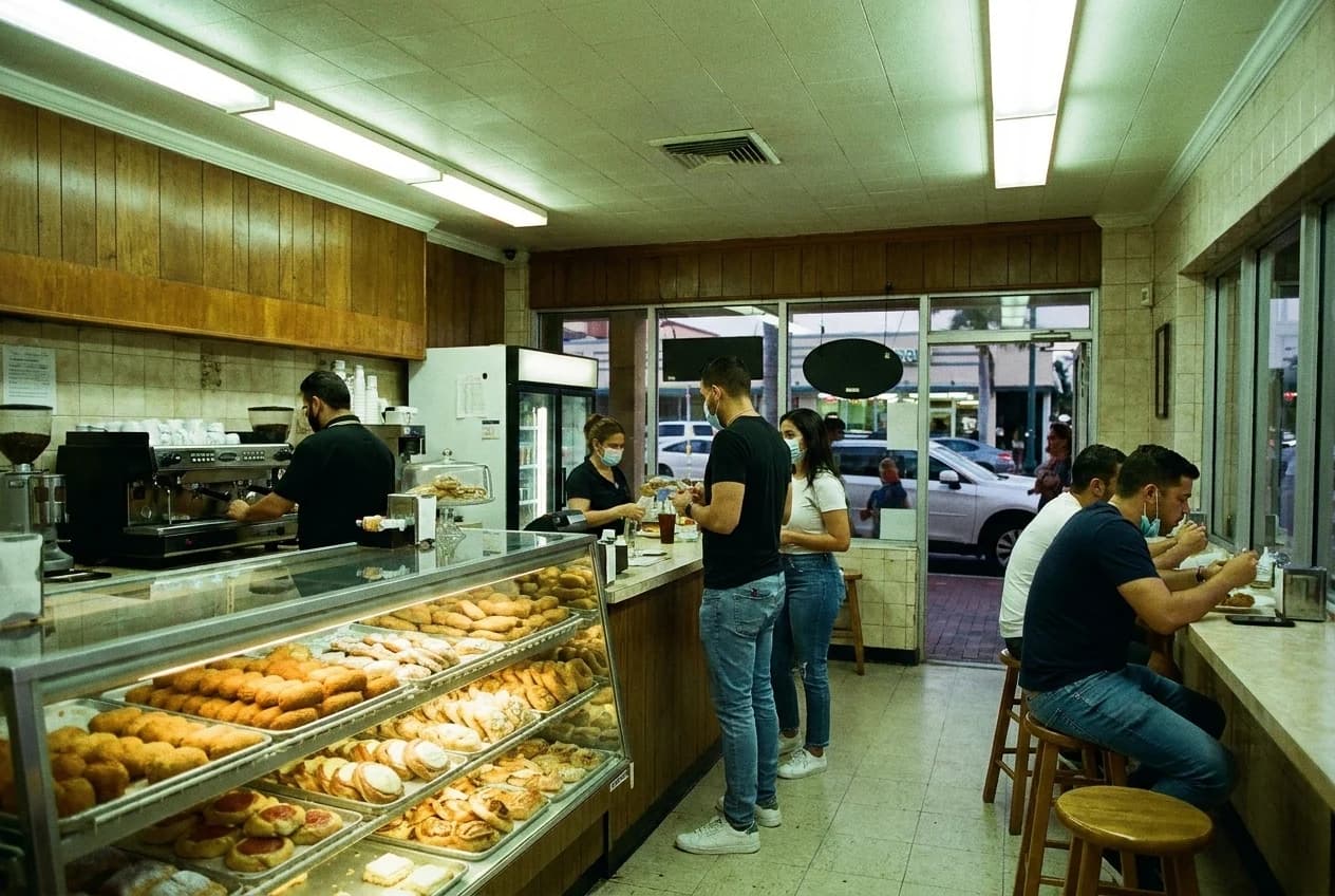 Glass display case filled with croquetas and pastelitos at a Little Havana ventanita counter
