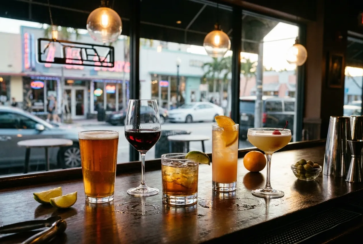 Row of cocktail glasses with citrus garnish on a dark bar top under warm overhead light.
