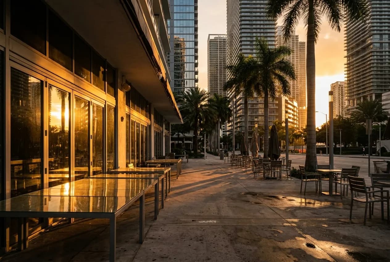 A glass-walled Brickell bar at dusk with polished sidewalks, reflecting sunset light and the base of surrounding towers before evening crowds gather.