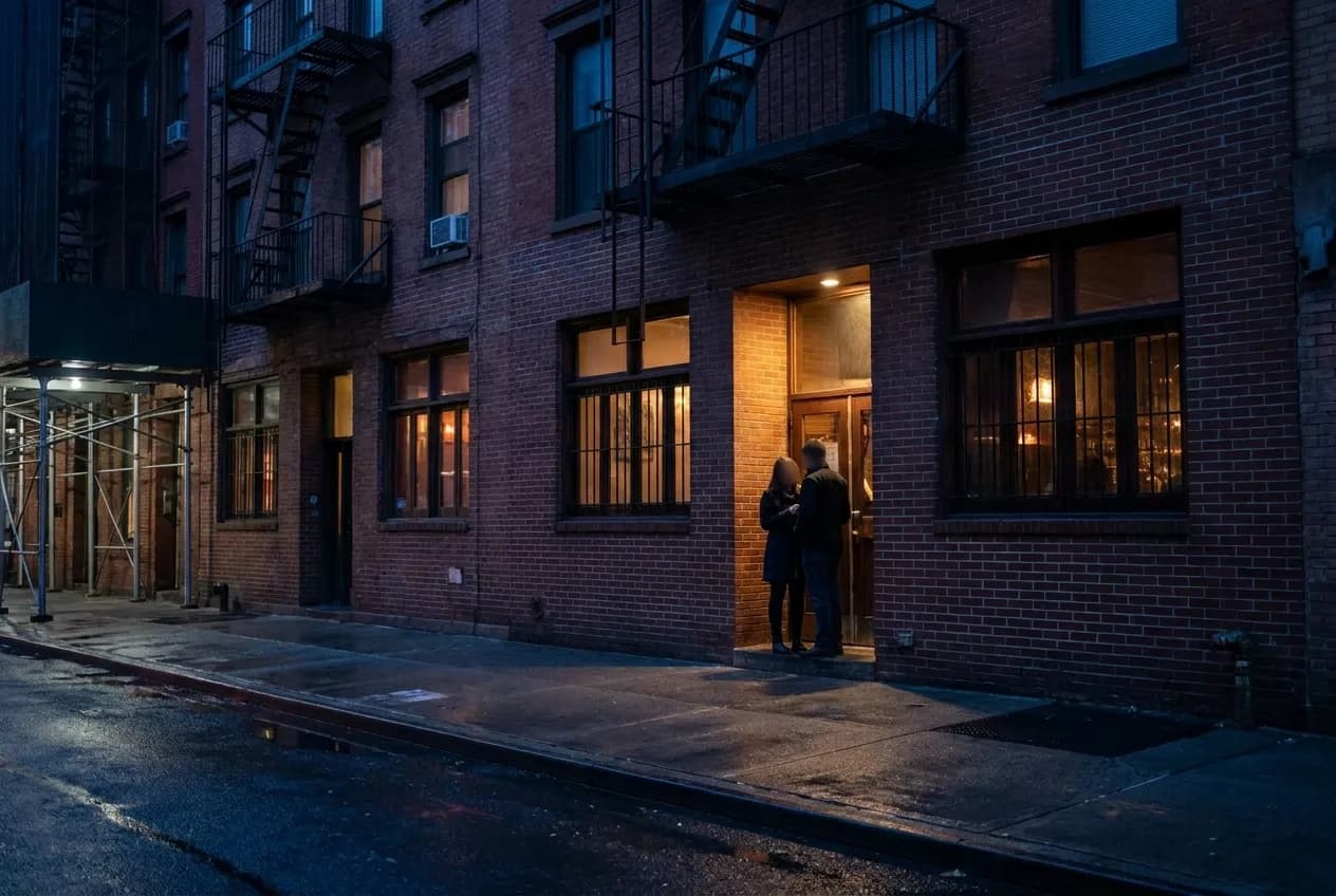 Narrow tenement buildings with glowing bar windows and fire escapes line an East Village street at dusk as couples walk toward small, lit entrances.