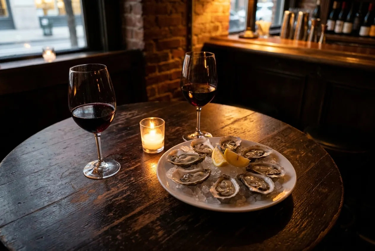 Two wine glasses and a plate of fresh oysters on ice under soft candlelight at a dark wood bar table in a Greenwich Village wine bar.