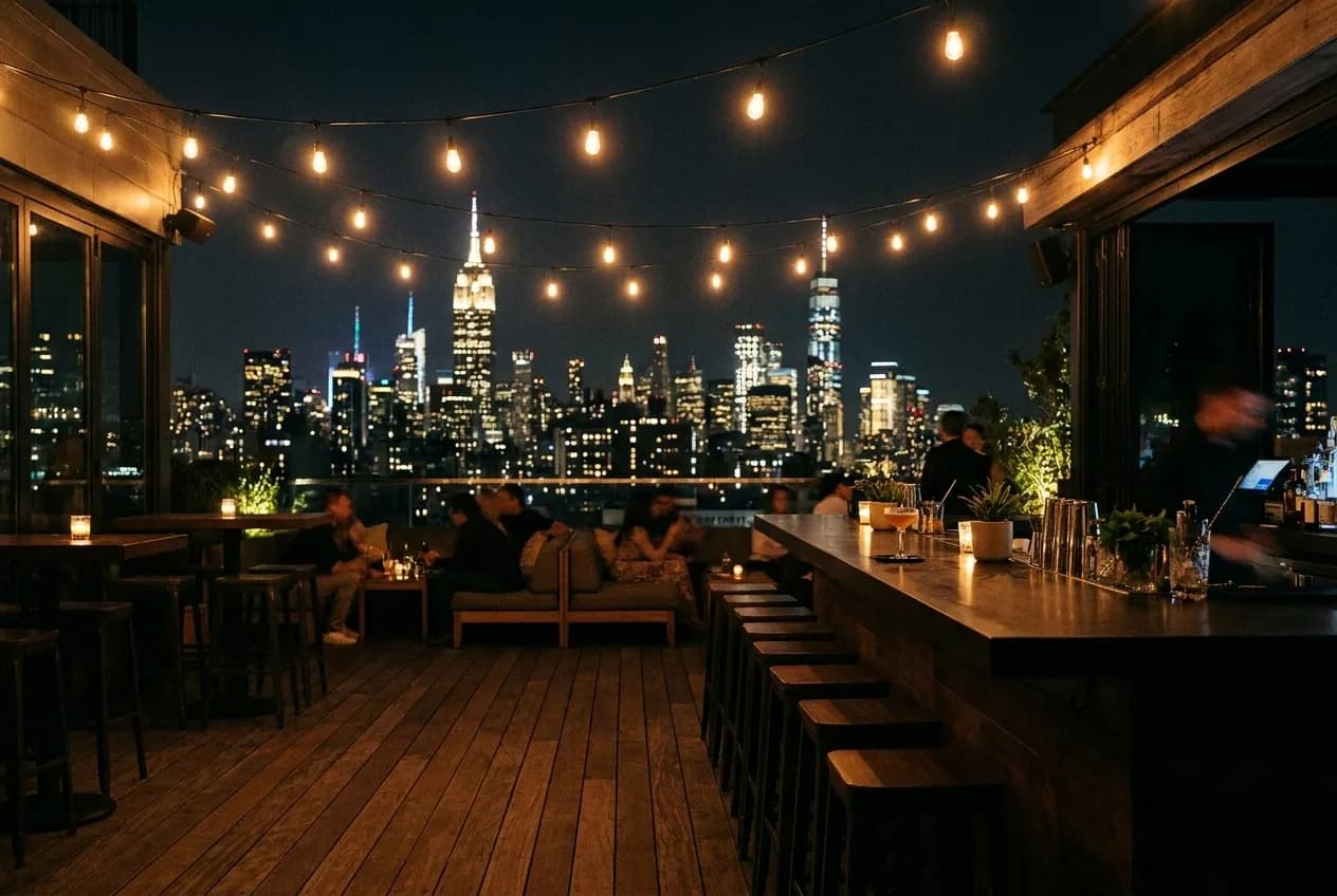 Rooftop terrace bar at night with string lights, wooden deck flooring, low seating and illuminated New York City skyline in the background