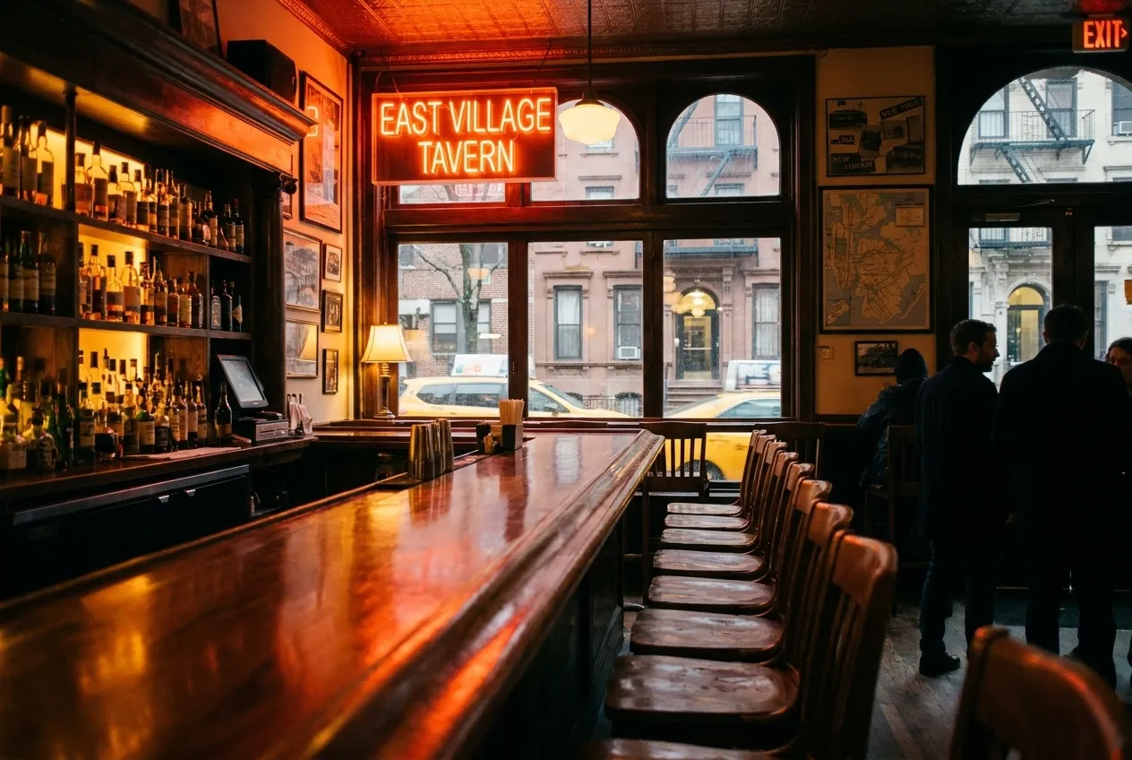 Dimly lit East Village bar interior with red neon sign glowing above wooden bar counter, empty stools and bottles on backlit shelves