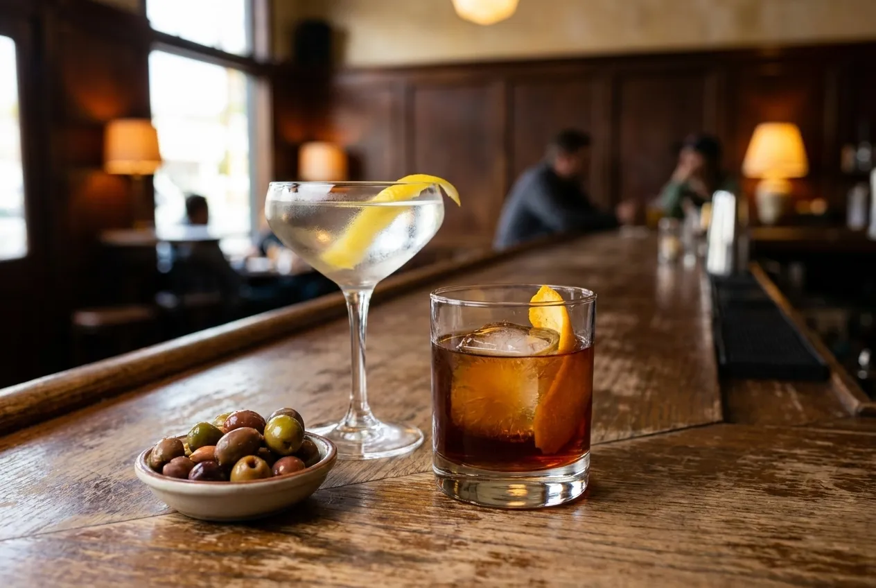 Two cocktails on a wooden bar top beside a small dish of olives