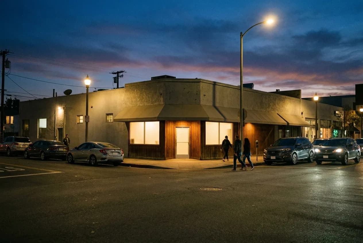 A Los Angeles corner at dusk with a low bar building and a neon-free frontage