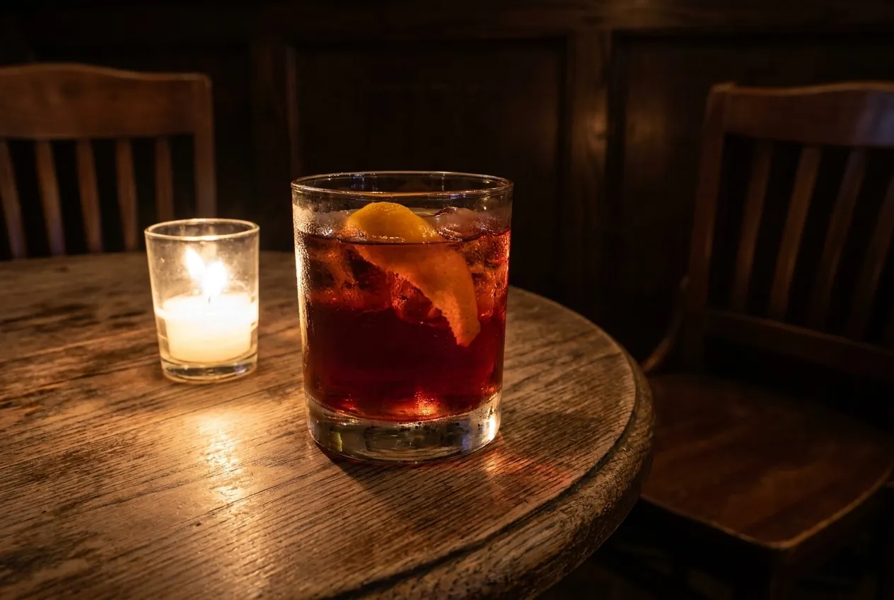 A negroni on a small round table beside a candle