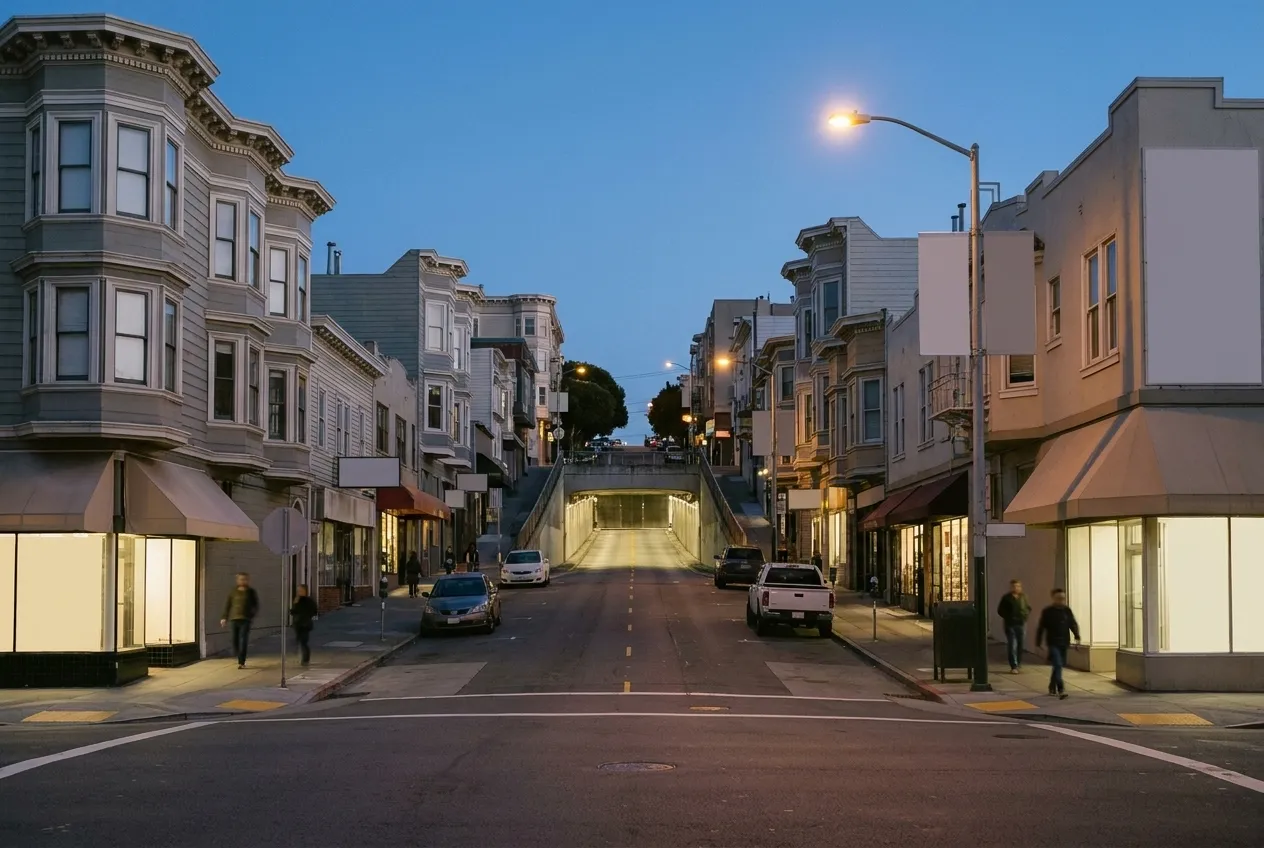 A small commercial avenue in San Francisco at dusk with a tunnel entrance at one end