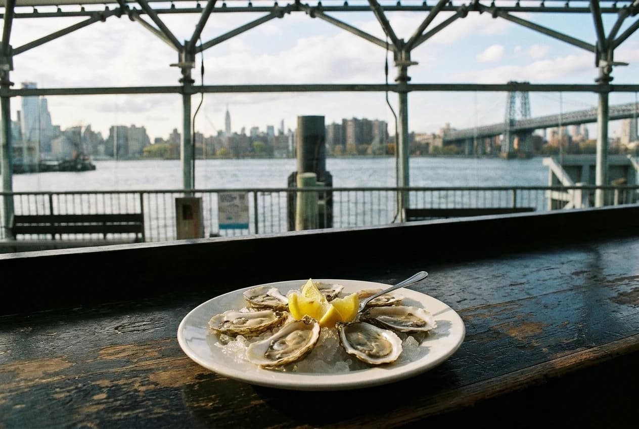 Six raw oysters on ice with lemon wedges on a white plate, overhead view on dark bar surface