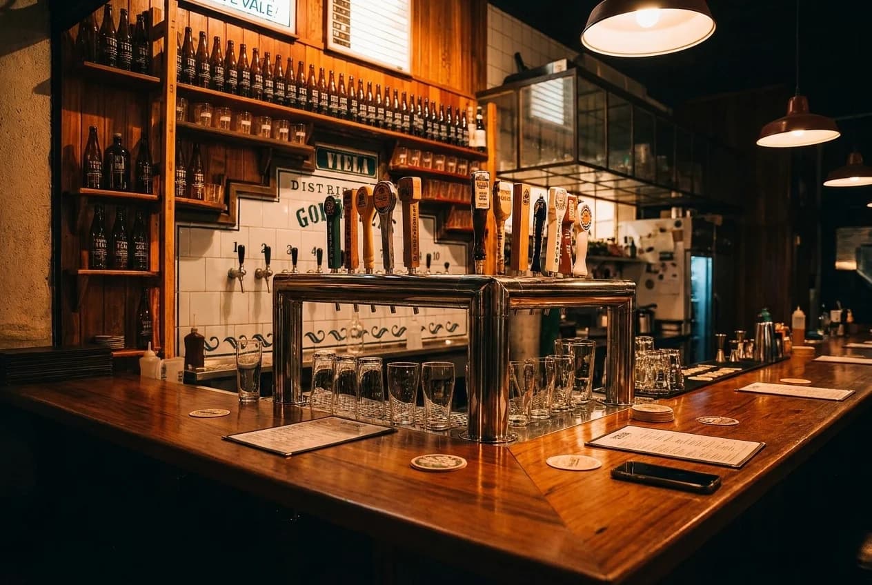 Draft beer taps behind a wooden bar counter in dim light with glassware reflections