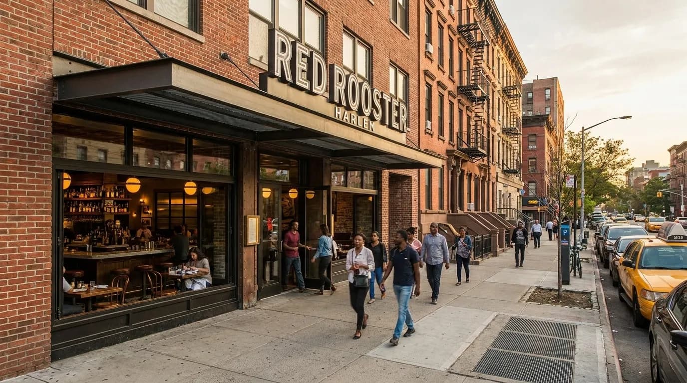 Red Rooster Harlem restaurant entrance on Lenox Avenue