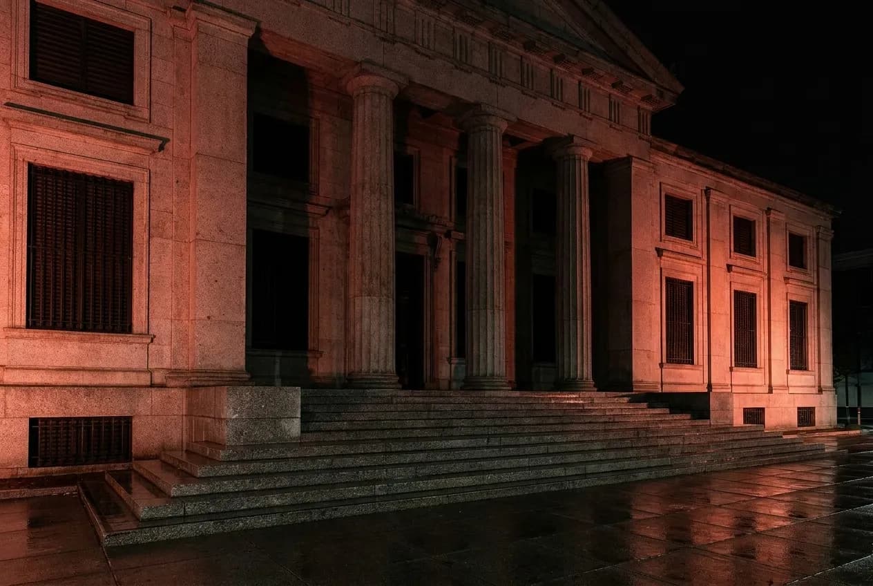 A heavy nineteenth-century granite building with columns lit red at night