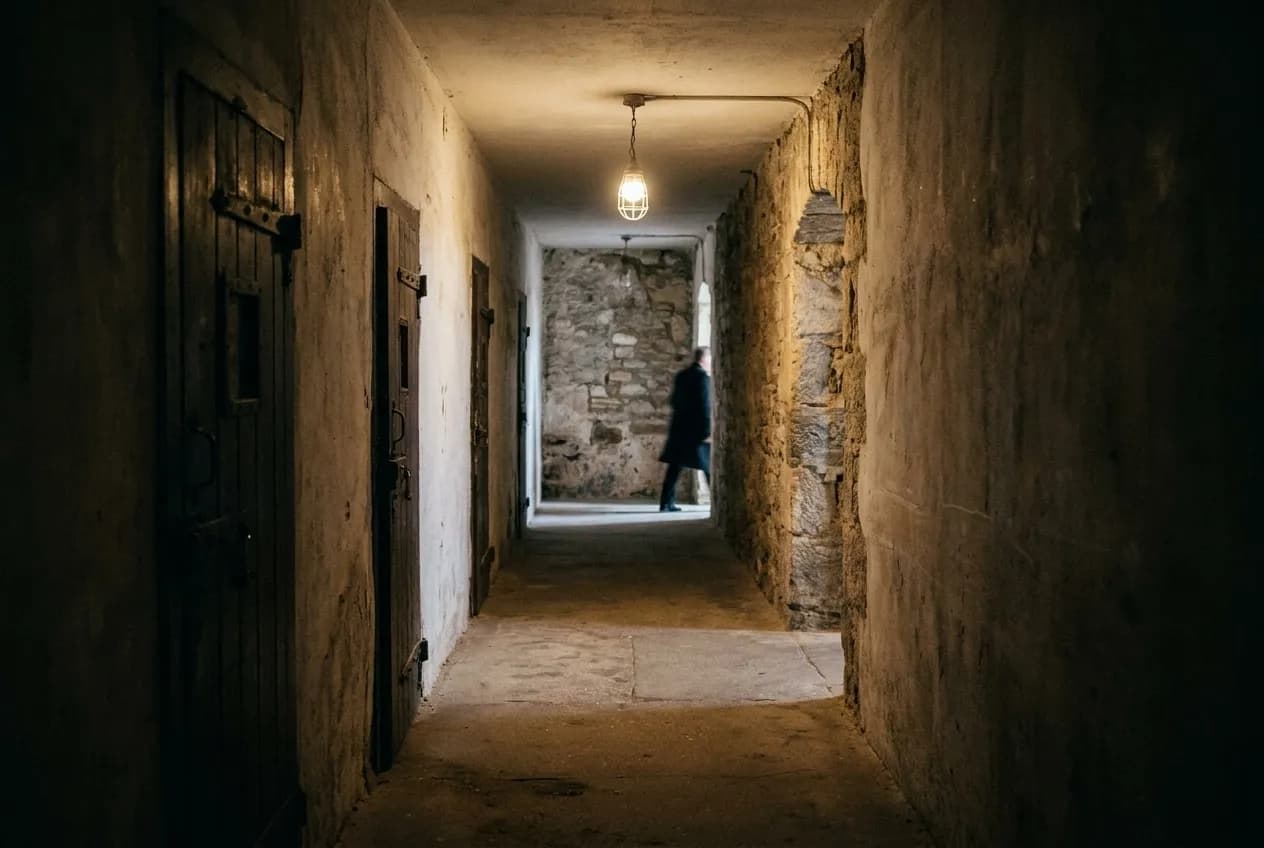 A dim corridor with a single bare bulb and a figure disappearing around the corner