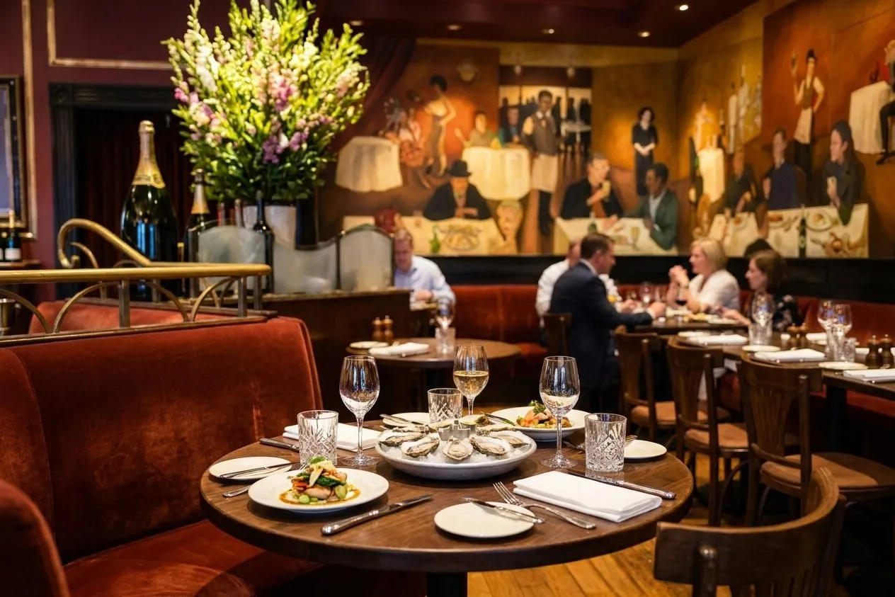 A polished Hayes Valley dinner table with brasserie-style plates and candlelight before a show