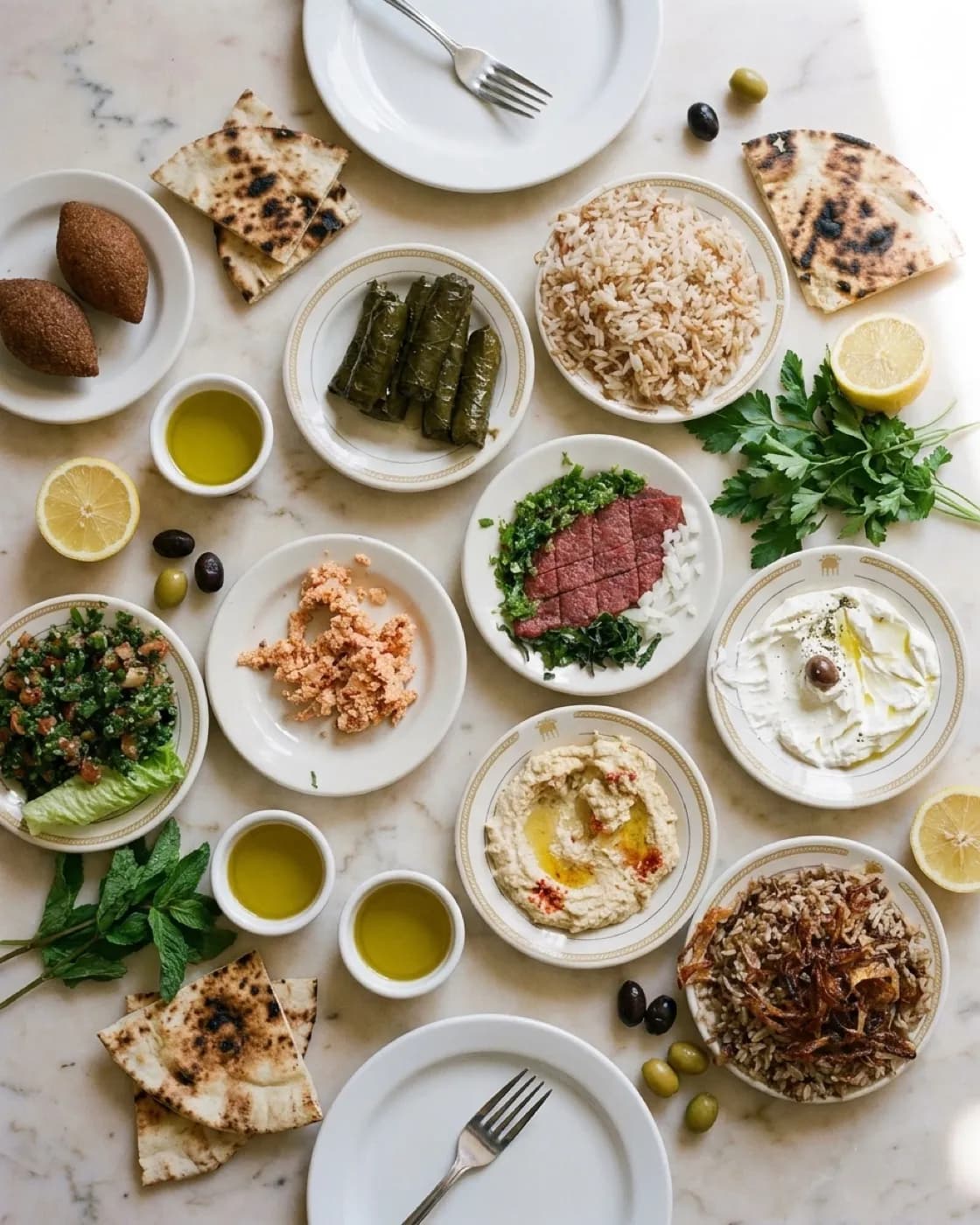 A spread of mezze dishes on a marble table with flatbread, olive oil, herbs and small bowls of dips, seen from above in daylight