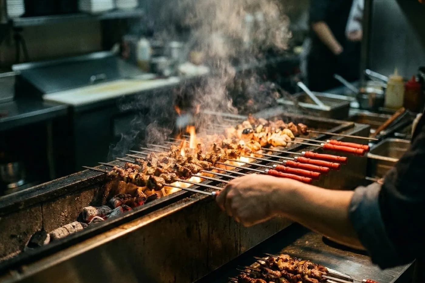 Skewers of charcoal-grilled chicken and vegetables resting on a metal grill over glowing coals in a restaurant kitchen