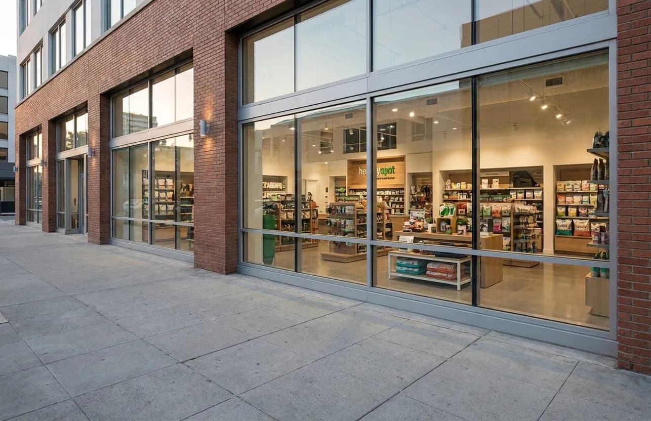 Clean, well-lit Healthy Spot storefront on Wilshire Boulevard in Santa Monica with organized pet product displays visible through windows