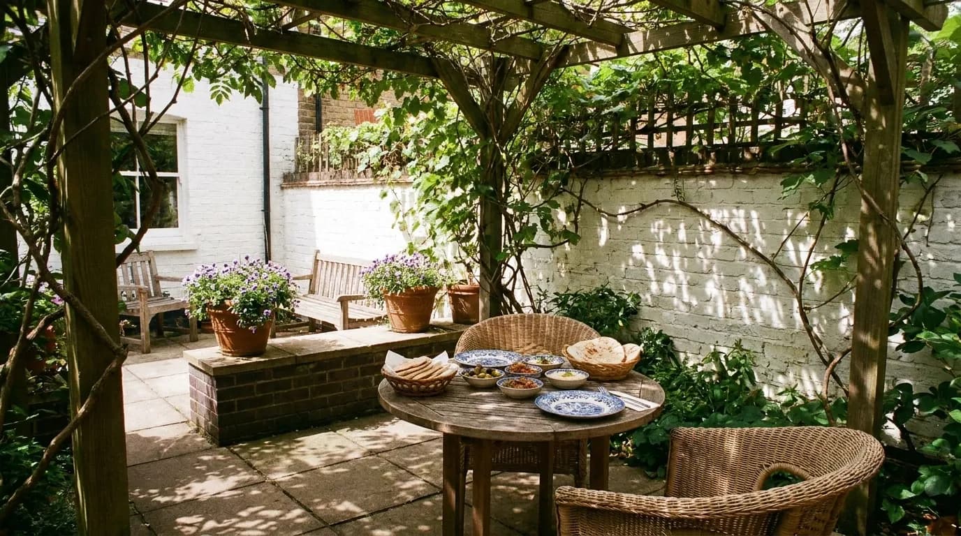 A courtyard table under a pergola of vines with blue-and-white ceramics, small mezze dishes and a basket of flatbread in dappled afternoon light