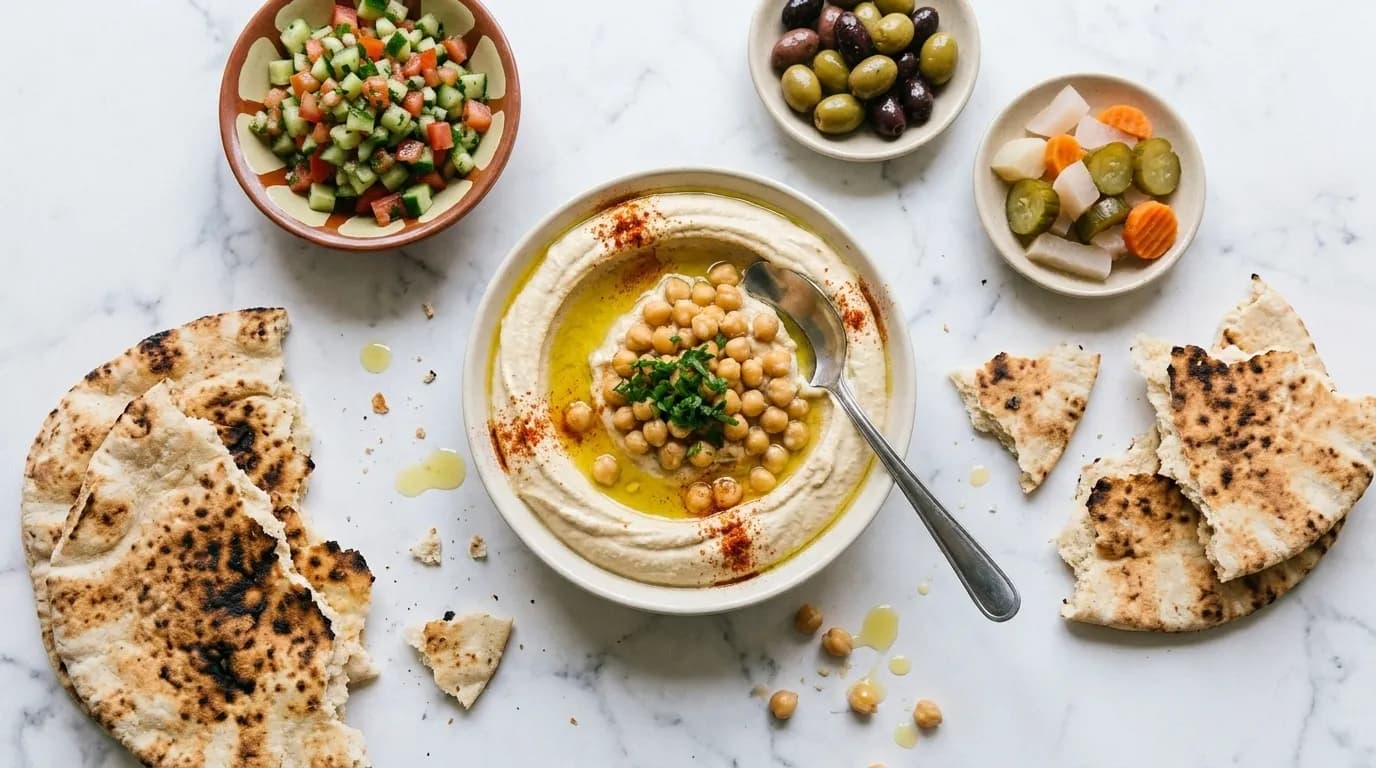 A spread of small mezze plates on a marble table — hummus with olive oil pooled in the centre, salads, olives and a stack of charred flatbread