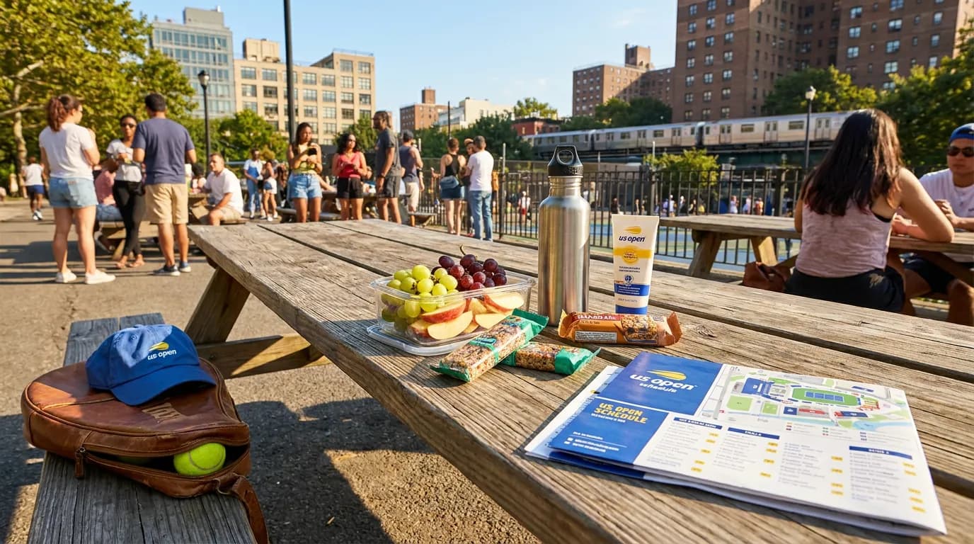 Photorealistic US Open tennis scene for Healthy Snacks to Pack Around US Open Rules.