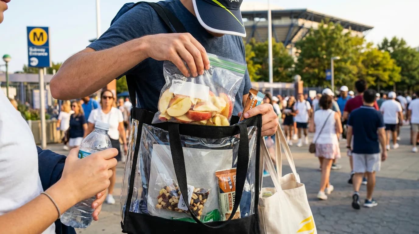Photorealistic tennis scene illustrating Healthy Snacks to Pack Around US Open Rules.