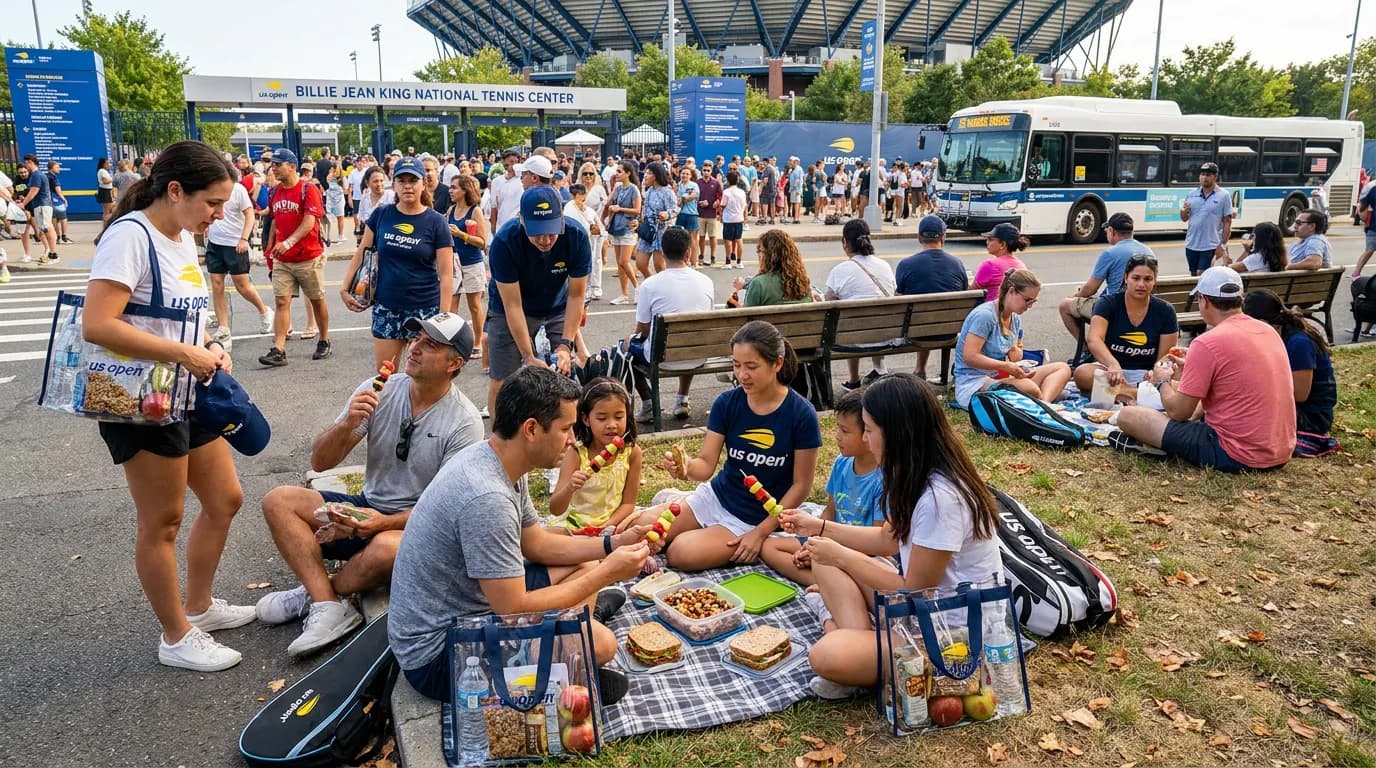 Bright US Open tennis atmosphere illustrating Healthy Snacks to Pack Around US Open Rules.