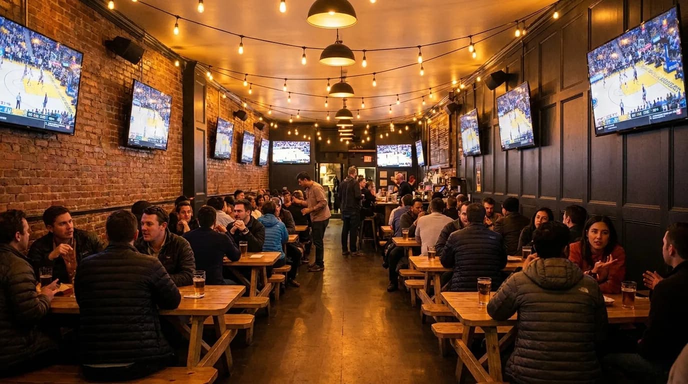 Long narrow sports bar interior with picnic tables and wall-mounted TV screens in the Castro