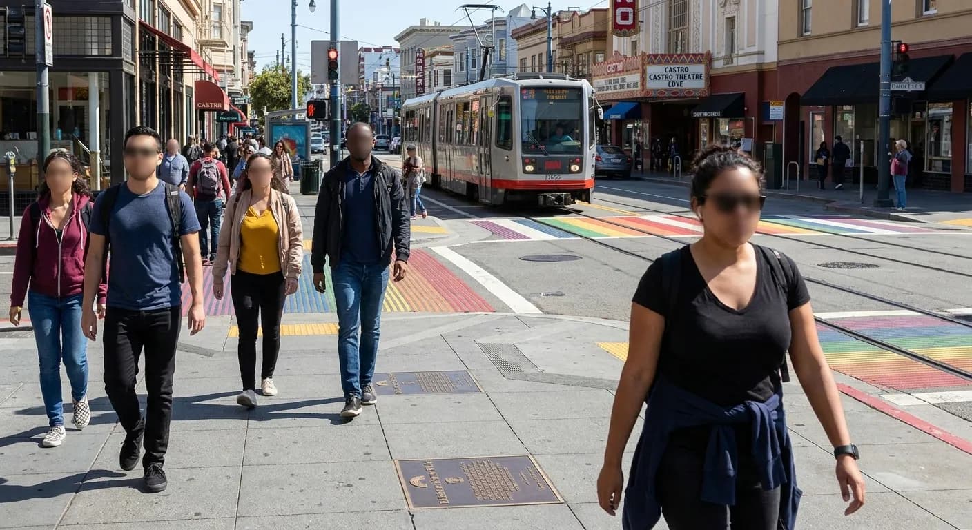 Market Street in the Castro with Muni train and Rainbow Honor Walk plaques on the sidewalk