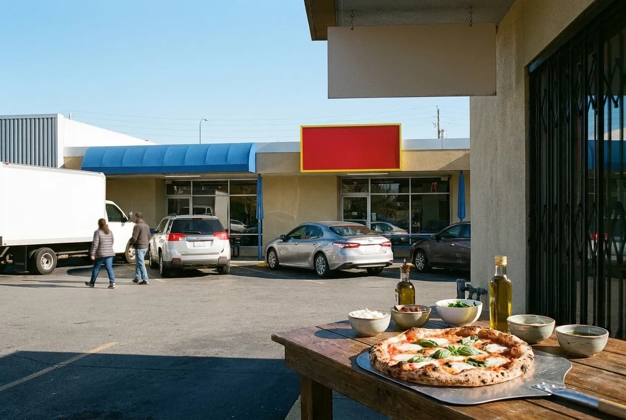 A plain pizzeria storefront in a strip mall with a blank sign panel above