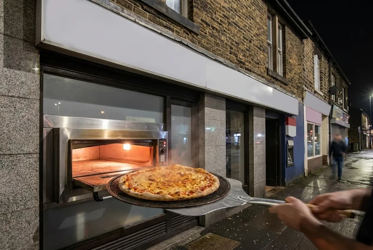 A pizza on a metal screen coming out of a deck oven