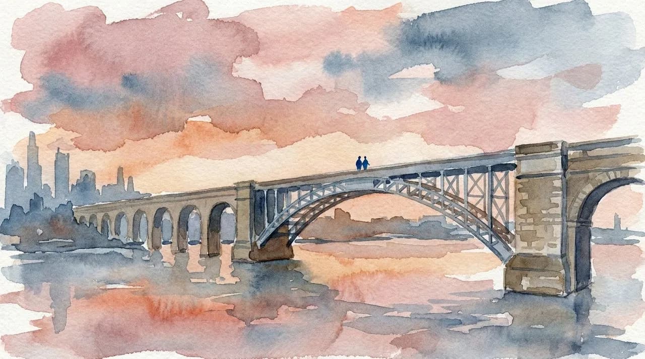 AI-generated watercolor: the High Bridge spanning the Harlem River at sunset, connecting Manhattan on the left to the Bronx on the right, the original masonry piers visible on one side and the modern central steel arch on the other, two tiny silhouetted walkers in the middle of the deck, dusty rose and slate blue sky reflecting in the river below