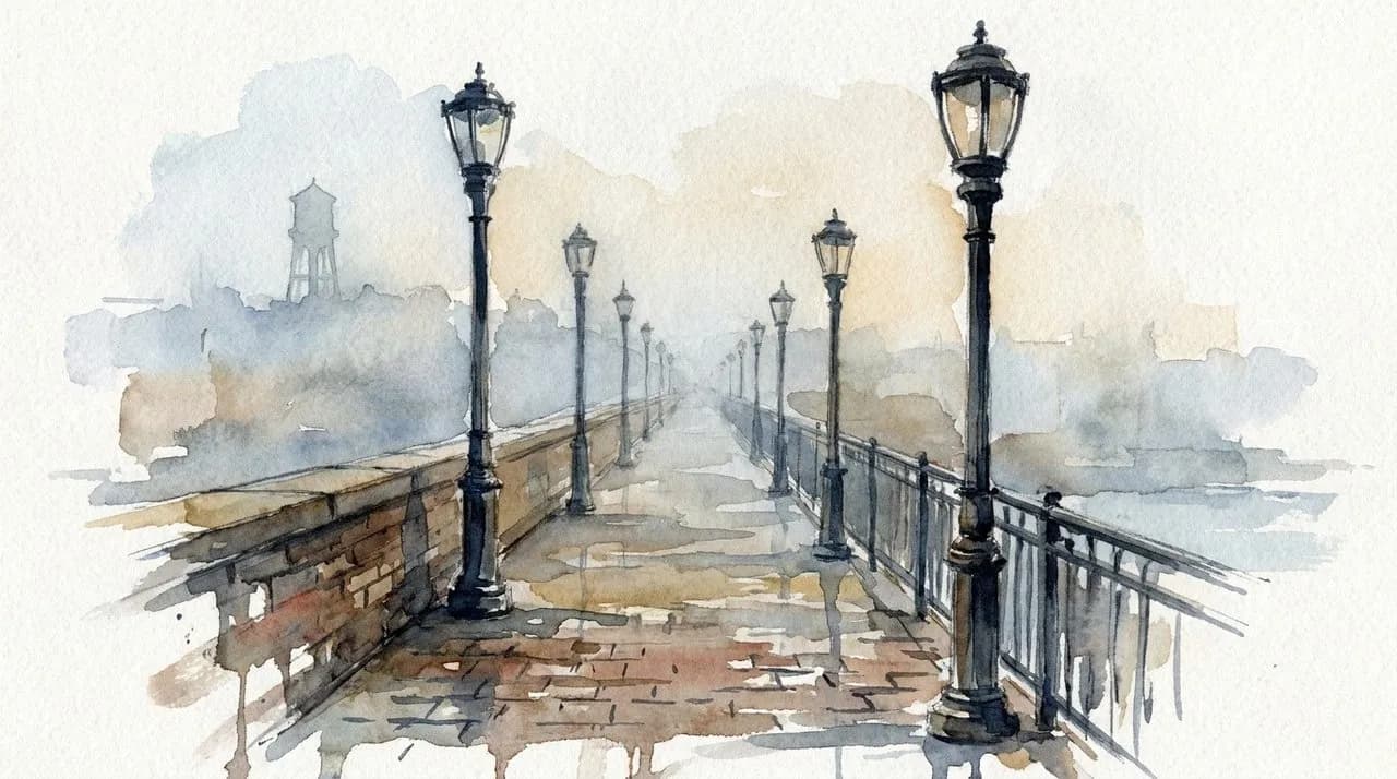 AI-generated watercolor: the long brick-paved walkway down the center of the High Bridge deck, lined by two rows of restored cast-iron lamp posts receding into a misty afternoon haze, the High Bridge Water Tower's silhouette barely visible in the distance on the Manhattan side, empty of people