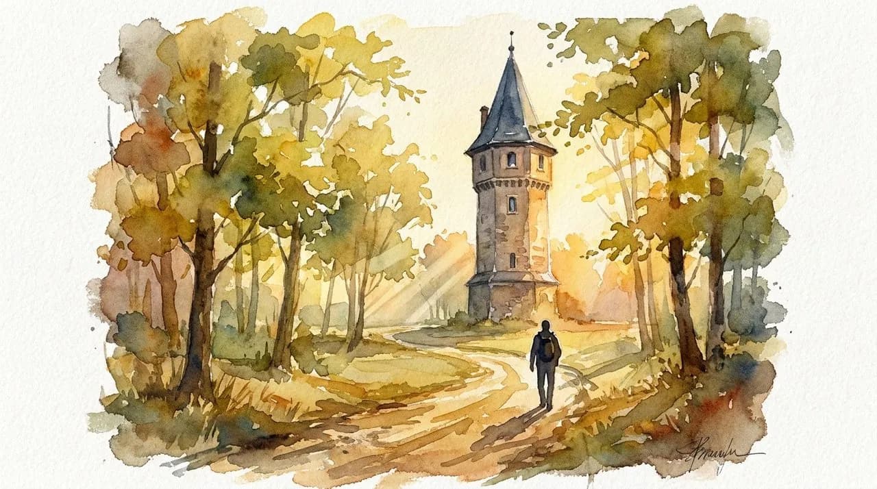 AI-generated watercolor: the High Bridge Water Tower in Highbridge Park Manhattan, a tall octagonal granite tower with a conical slate roof, surrounded by leafy summer trees, viewed from a winding park path with one back-turned silhouetted pedestrian climbing toward the tower in warm late-afternoon golden light