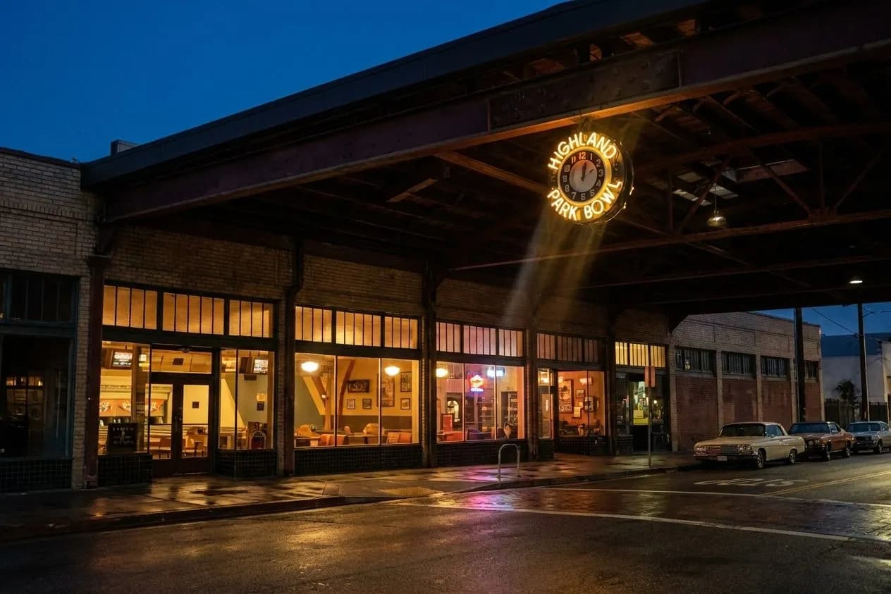 Historic bowling alley glowing at dusk on a Highland Park street