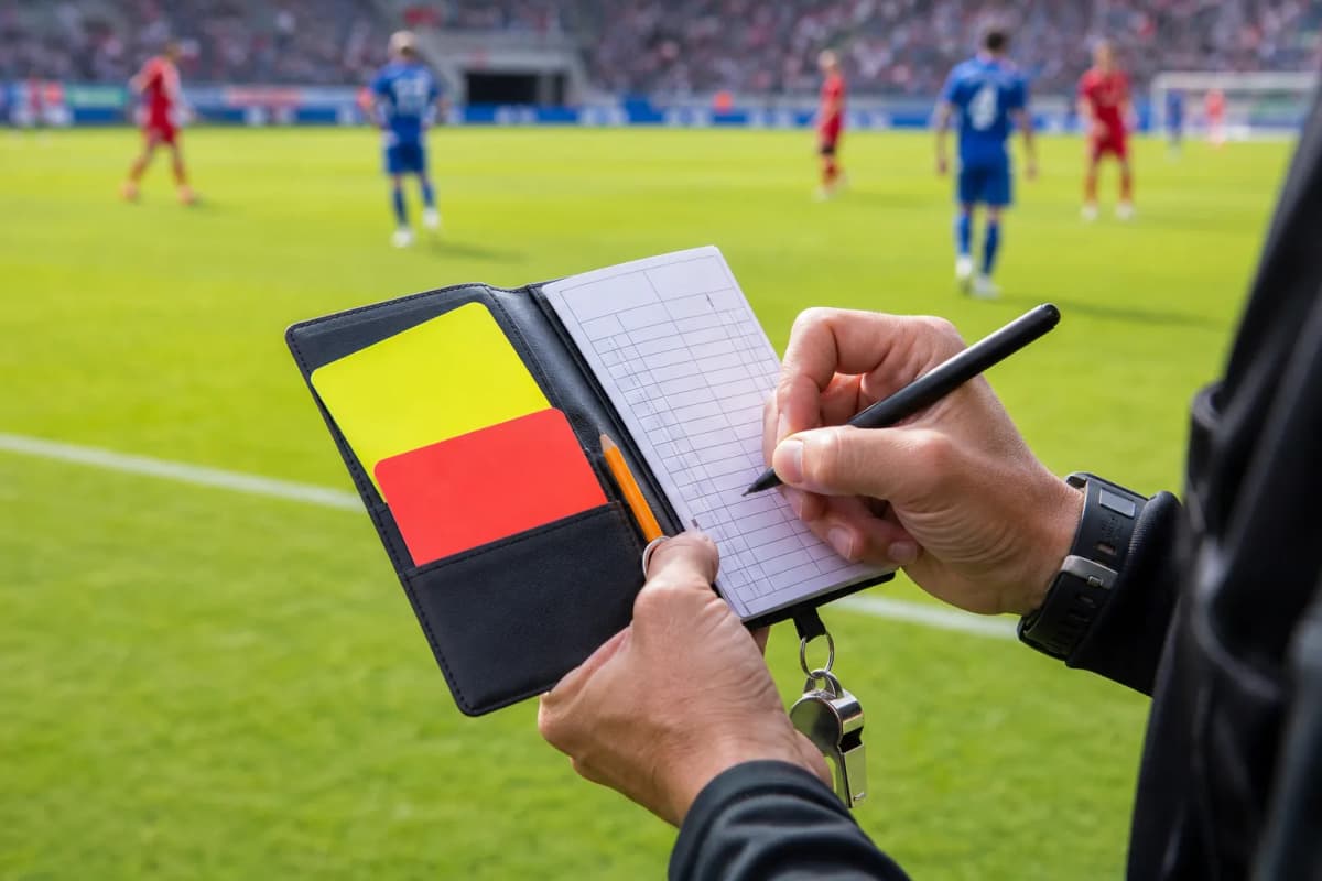 Bright football viewing scene with fans checking a controversial red-card replay