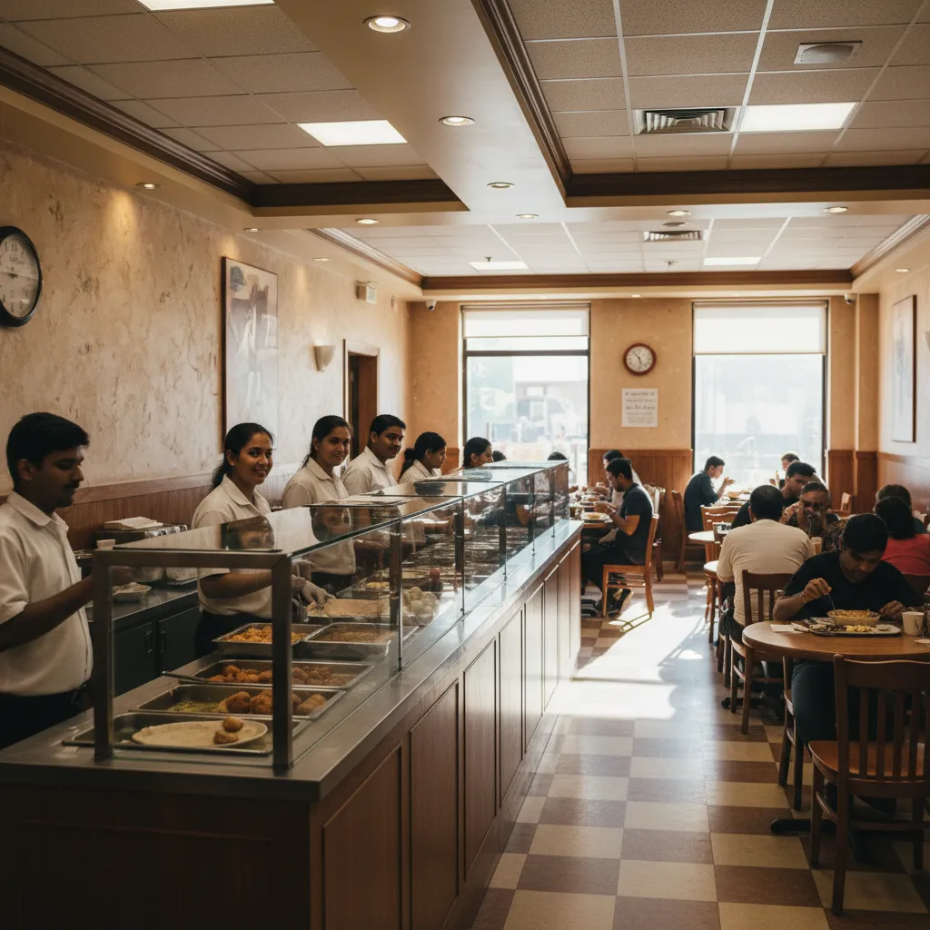Editorial-style realistic scene inspired by Hindu Temple Society Canteen in New York.