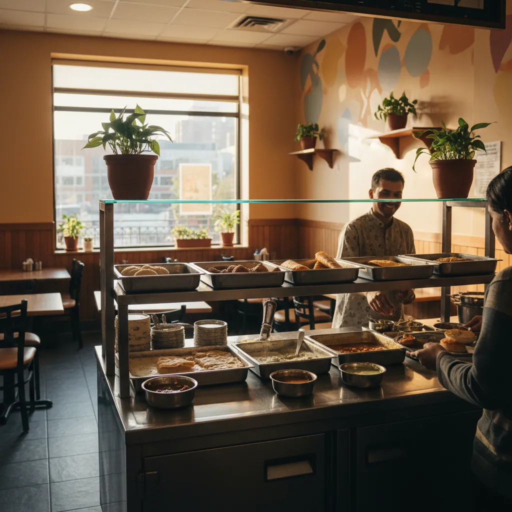 Editorial-style detail scene for Hindu Temple Society Canteen in New York.