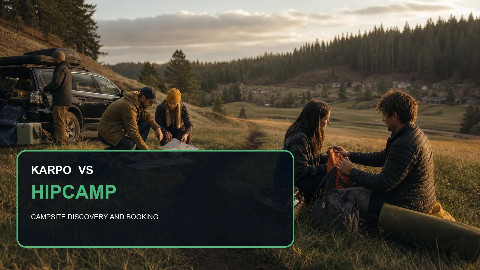 Karpo versus Hipcamp in a photorealistic editorial comparison.