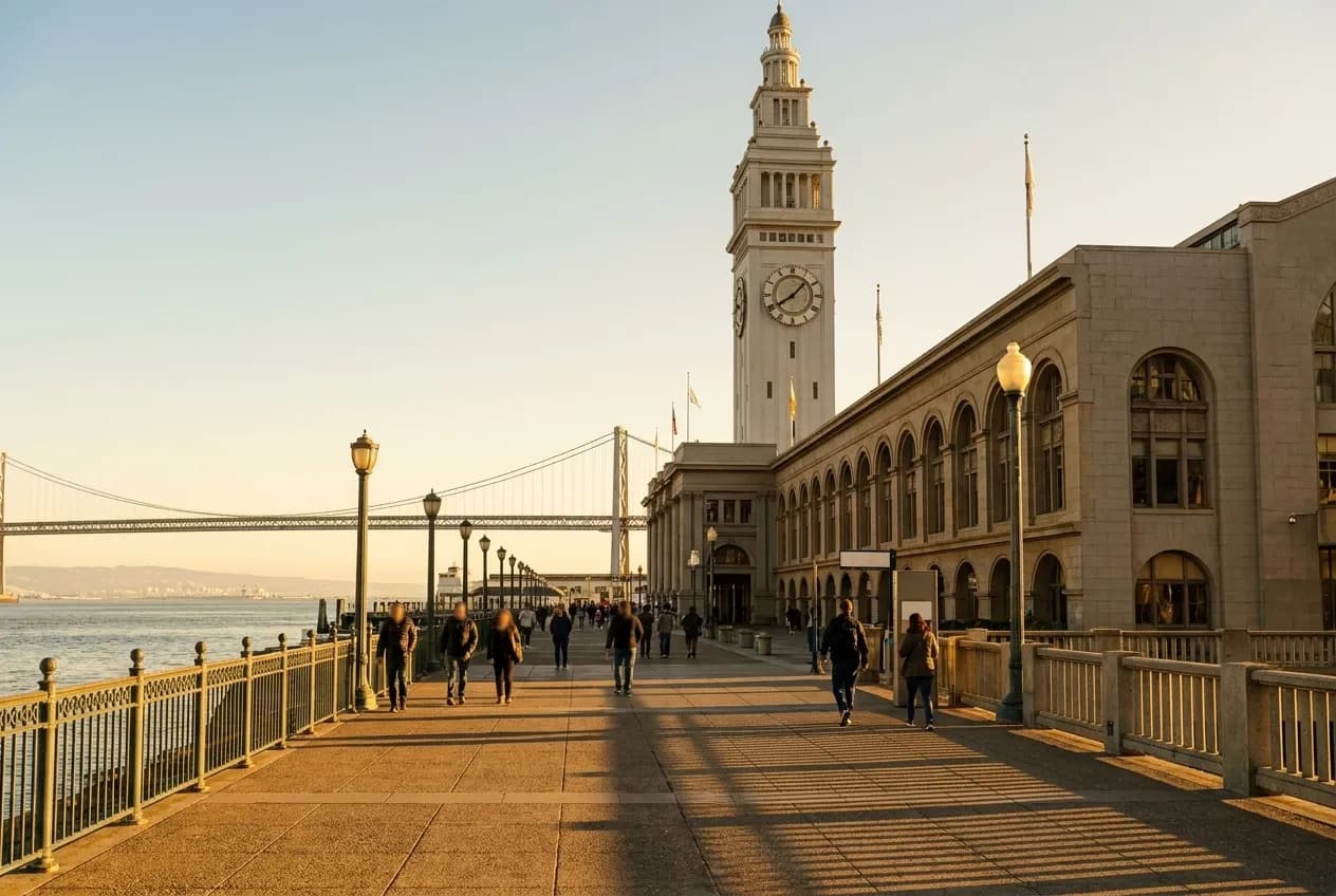Ferry Building exterior on the Embarcadero waterfront with Bay Bridge in the background during golden hour.