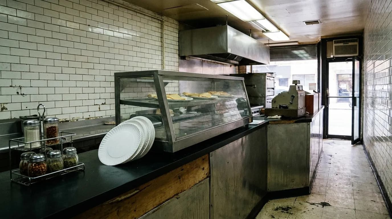 A narrow pizzeria counter with a stack of paper plates, a warming shelf of slices and a worn tiled floor