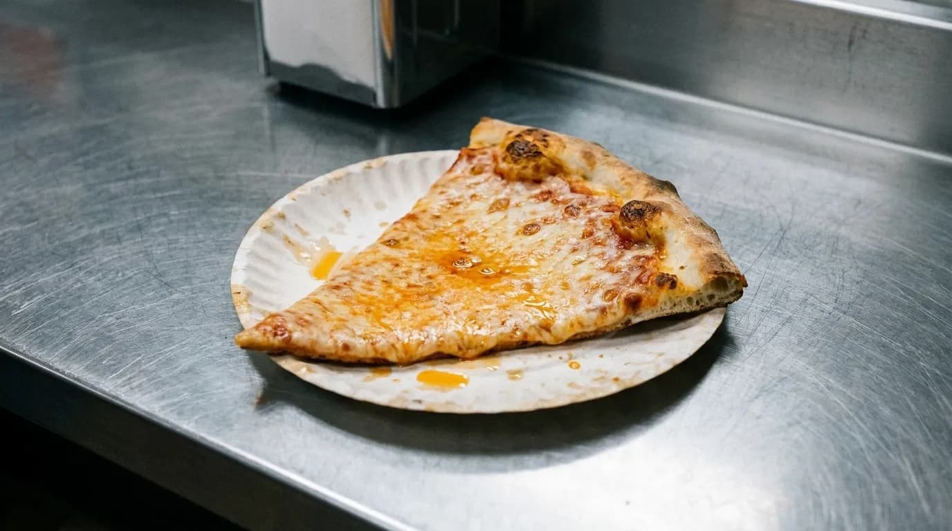 A folded slice of pizza on a paper plate resting on a metal counter under a fluorescent strip light