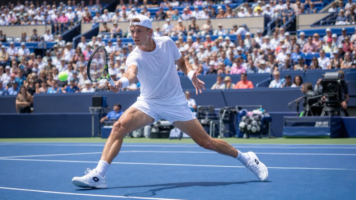 Photorealistic US Open tennis scene for Holger Rune’s US Open Opportunity Depends on Point Discipline.